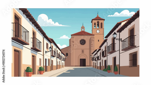 A pixel art view down a sunny, narrow street towards a grand church