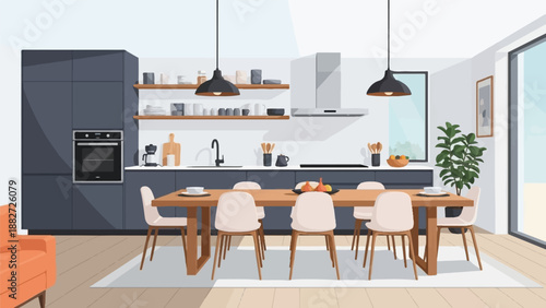 A modern kitchen and dining area with sleek dark cabinets and a wooden table