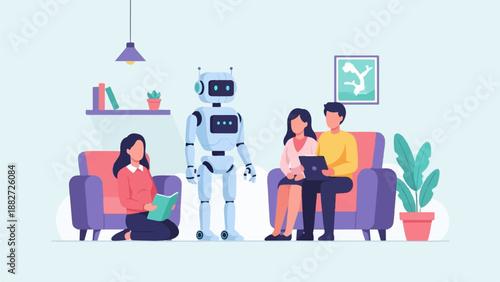 A modern living room scene with a robot interacting with people