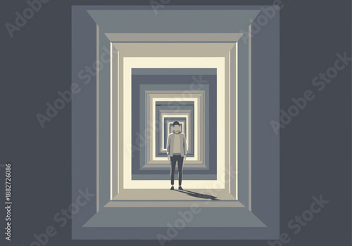 Person standing in a long hallway with receding doorways and light.