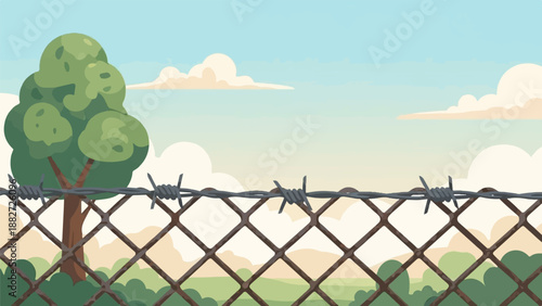 A simple fence of barbed wire and chain link separates a tree from the horizon