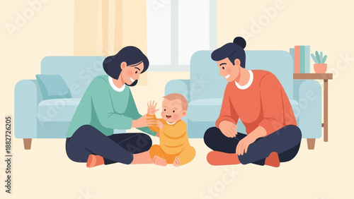 A happy family sits on the floor playing with their baby
