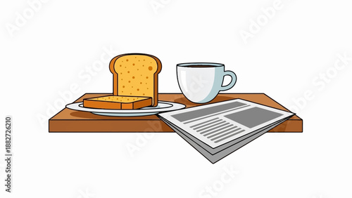 A morning spread of toast, coffee, and newspaper on a wooden surface