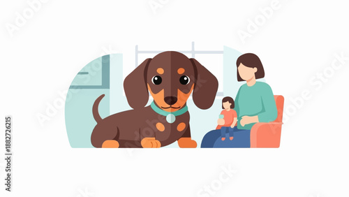 A happy family with a dog in a cozy home