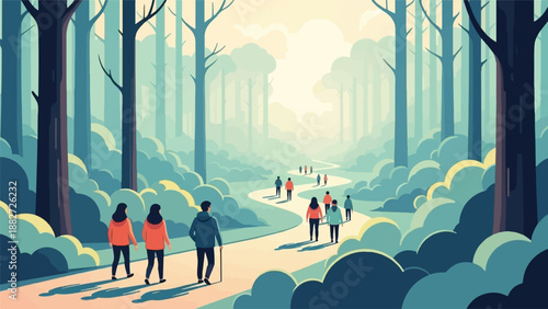 A stylized illustration of people walking on a winding path through a misty forest