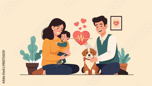 A happy family with baby and dog, representing love and care