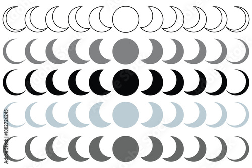 Moon phases vector illustration on white background. Crescent moon phases at night sky, waning and waxing, to full moon. Vector illustration.