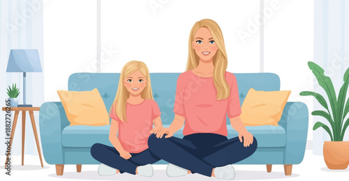 A mother and daughter sit cross-legged on a sofa, meditating peacefully