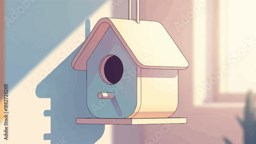 A simple, pastel birdhouse hangs suspended outdoors, bathed in soft light