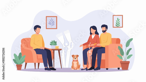 A family and their dog relax in a cozy living room, with a skeletal knee visible