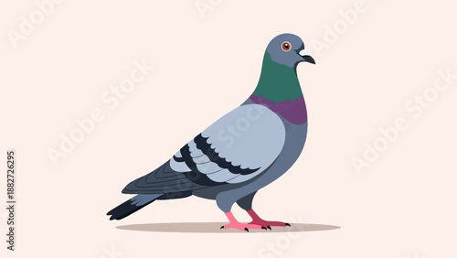 A simple, pixelated illustration of a pigeon standing on a light pink background