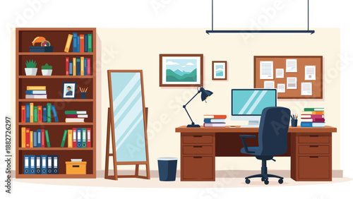 Interior of a well-organized modern home office with a desk, computer, bookshelf, mirror, and various office supplies.