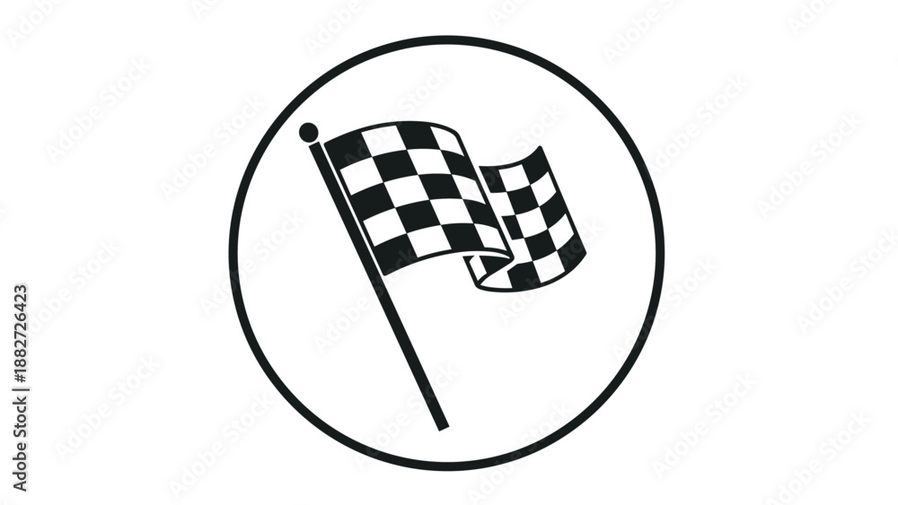 Fototapeta premium Simple black and white checkered racing flag waving on a pole inside a circular frame for sports and competition symbols.