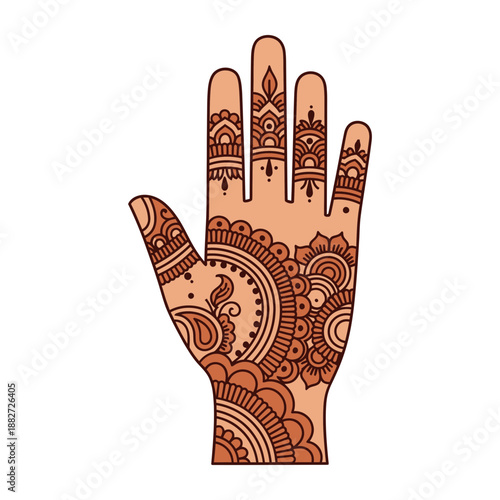 Hand adorned with intricate brown henna mehndi designs.