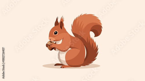 A pixelated red squirrel holds an acorn, its bushy tail curled up behind