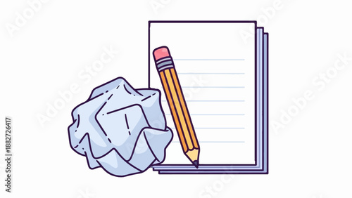 A crumpled paper ball sits next to a pencil and lined notebook pages