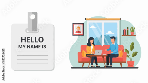 A nametag and people sitting on a sofa with a laptop