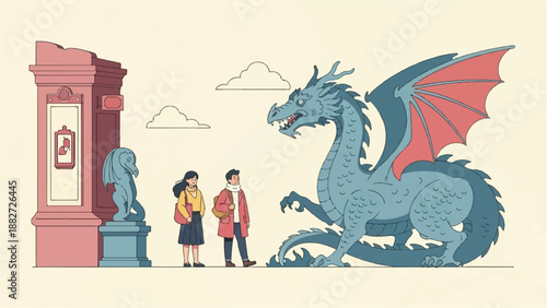 A mythical dragon faces two visitors outside a museum-like structure