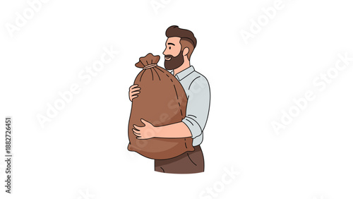 Bearded man wearing a shirt and trousers carrying a heavy brown sack or bag over his shoulder against a white background.