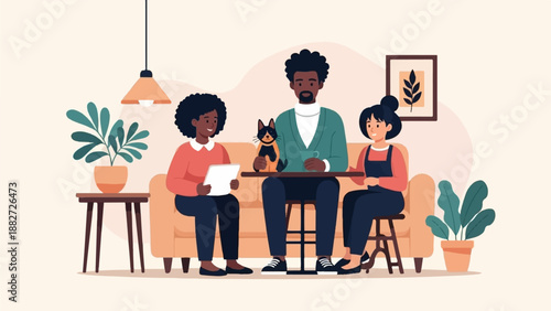 A family enjoys a cozy indoor gathering with a cat and plants