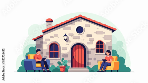 A house with two people sitting in chairs reading or working on tablets