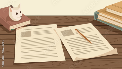 A curious canine peeks from a book beside papers and a pencil