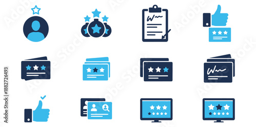 A collection of blue and black rating icons on transparent background