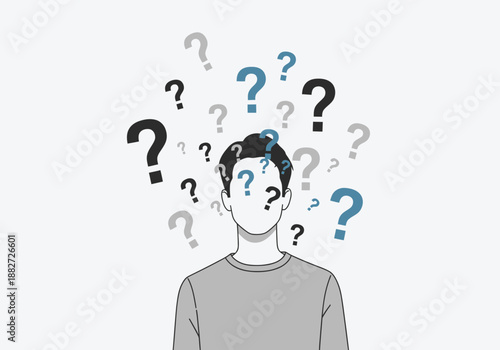 Man surrounded by many question marks, symbolizing confusion and uncertainty.