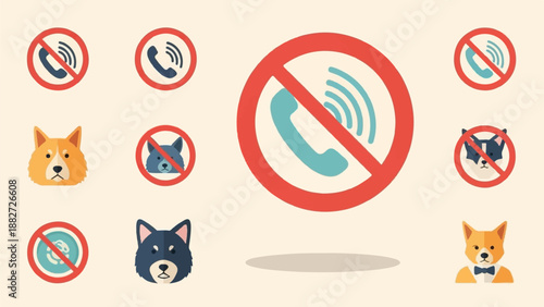 A collection of prohibition signs with dog faces and telephones