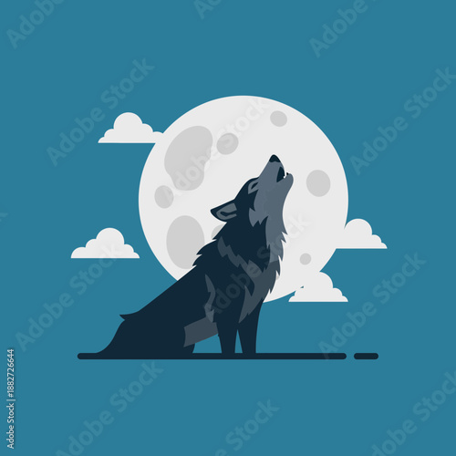 Wolf howls at a large full moon with clouds.