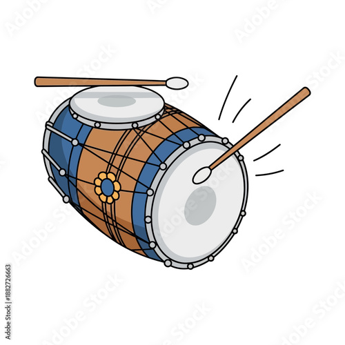 Drum with sticks being played, creating sound waves.
