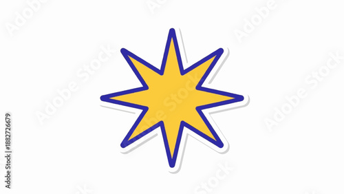 A simple yellow starburst with a blue outline and shadow on a white background