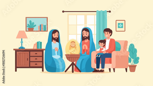 A family gathers around a nativity scene in a cozy room