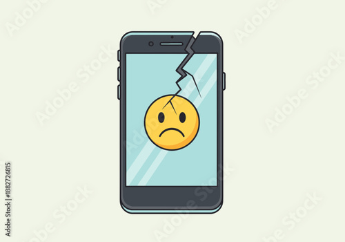 Cracked smartphone screen displays a sad emoji face.
