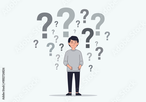 Man surrounded by many question marks, looking confused.