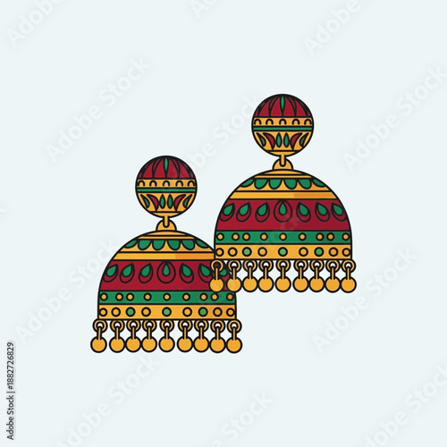 Ornate patterned earrings with gold bead accents and dangling elements.