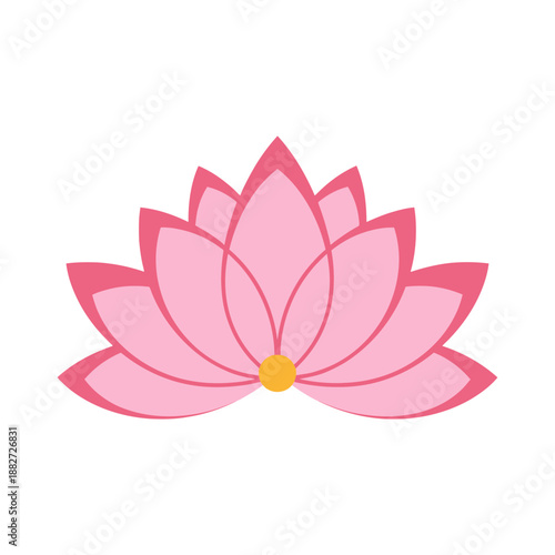 Pink lotus flower with yellow center and green stem.