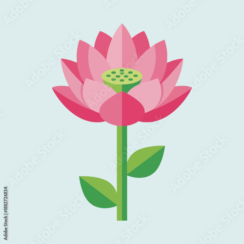 Pink lotus flower with green stem and leaves, detailed center.