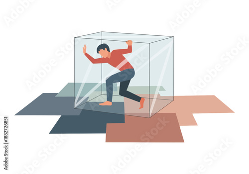 Person trapped inside a transparent cube, pushing outwards.