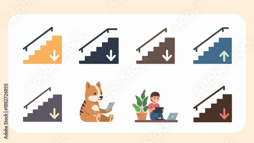 A collection of colorful stair icons, a dog with tablet, and a person with laptop