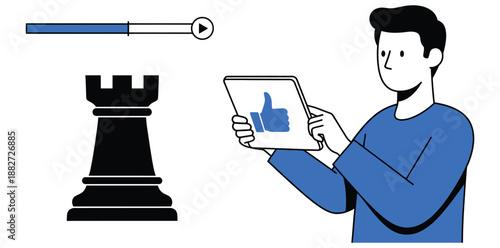 A cartoon man holding a tablet with a thumbs up on the screen next to a chess piece on transparent background