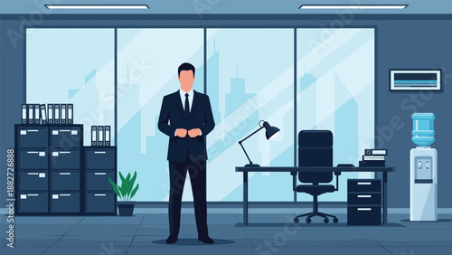 Successful businessman standing in the middle of a spacious modern office with city views, desks, and office equipment.