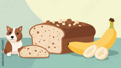 A cute brown and white dog sits by a loaf of nut bread and bananas