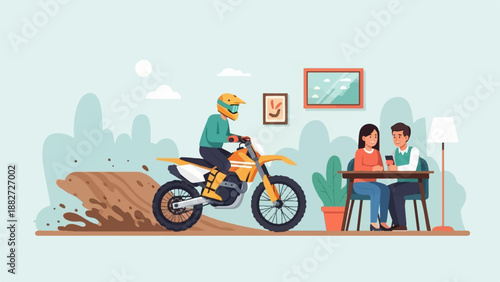 A biker on a dirt bike kicking up mud, while a couple sits at a table with a phone