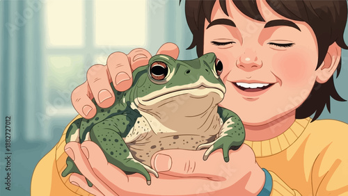 A joyful child gently holds a large green toad, its skin bumpy and speckled