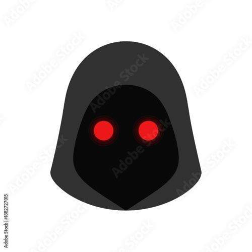 Figure in a dark hood with glowing red eyes.