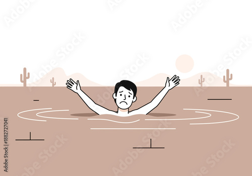 Man sinking in desert mud with arms raised in distress.