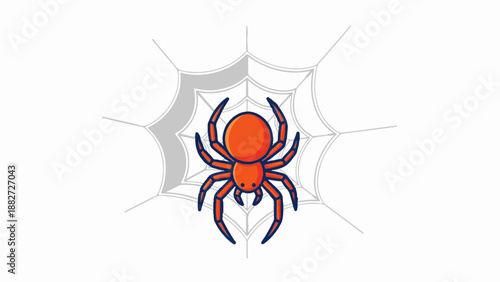 A stylized orange spider with blue outlines rests on a grey and white web