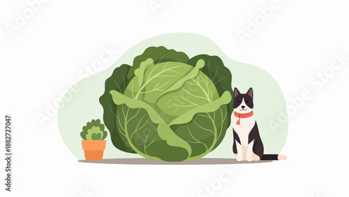 A black and white cat sits next to a giant cabbage and a small potted plant