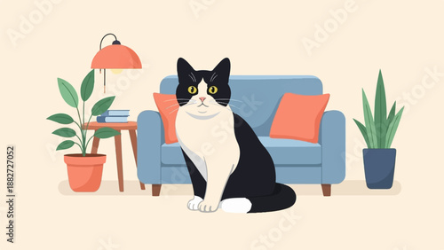 A black and white cat sits in front of a blue sofa with orange pillows